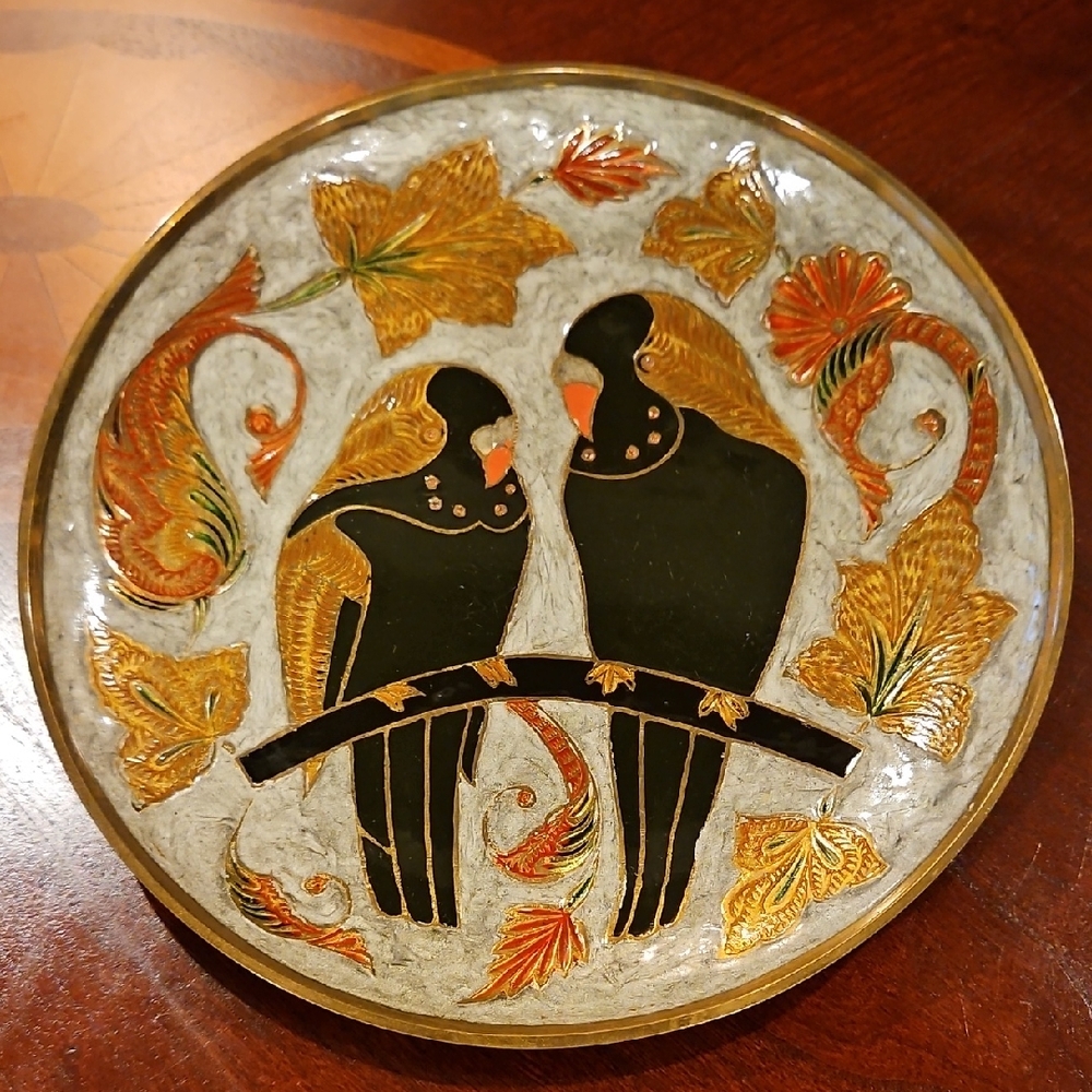 Enamel Cloisonné Brass Plate Featuring Two Stylized Parakeets w/Autumnal Leaves